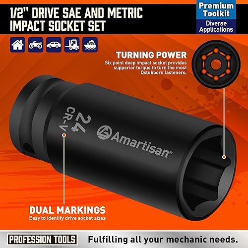 Miniatura 2 de Amartisan Juego de 29 llaves de vaso de impacto de 12 pulgada, 6 puntos, métricas estándar (0.394-0.945 in) y SAE (38" a 1") Cr-V con adaptadores y