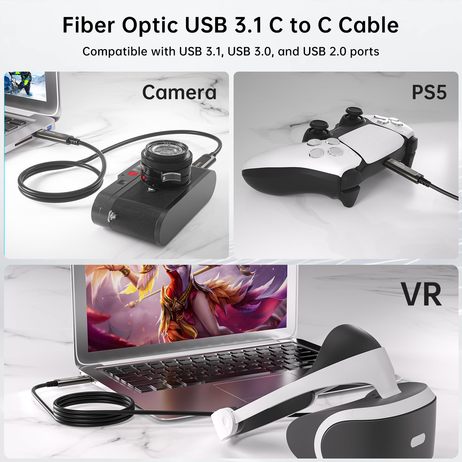 Cavo in fibra ottica da USB C a USB C, 20 m, 10 Gbps ad alta velocità per trasferimento dati a lunga distanza, cavo USB 3.1 tipo C per VR/AR/Logitech/Barco ClickShare Touch Screen Kinect Intel