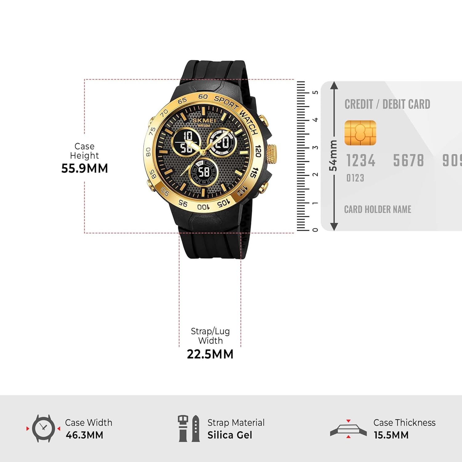 SKMEI Men's Digital Sports Watch Model 2106 with labeled buttons and dimensions