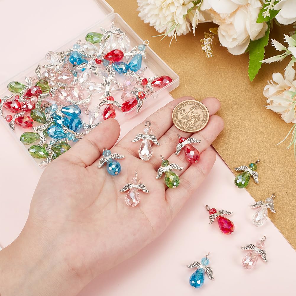 HOBBIESAY 50 Pcs Glass Angel Wing Charms 5 Colors Teardrop Beads Pendant Faceted Dangle Charm DIY Crafting Accessories for Necklace Bracelet Earring Keychain Jewelry Making - Image 3