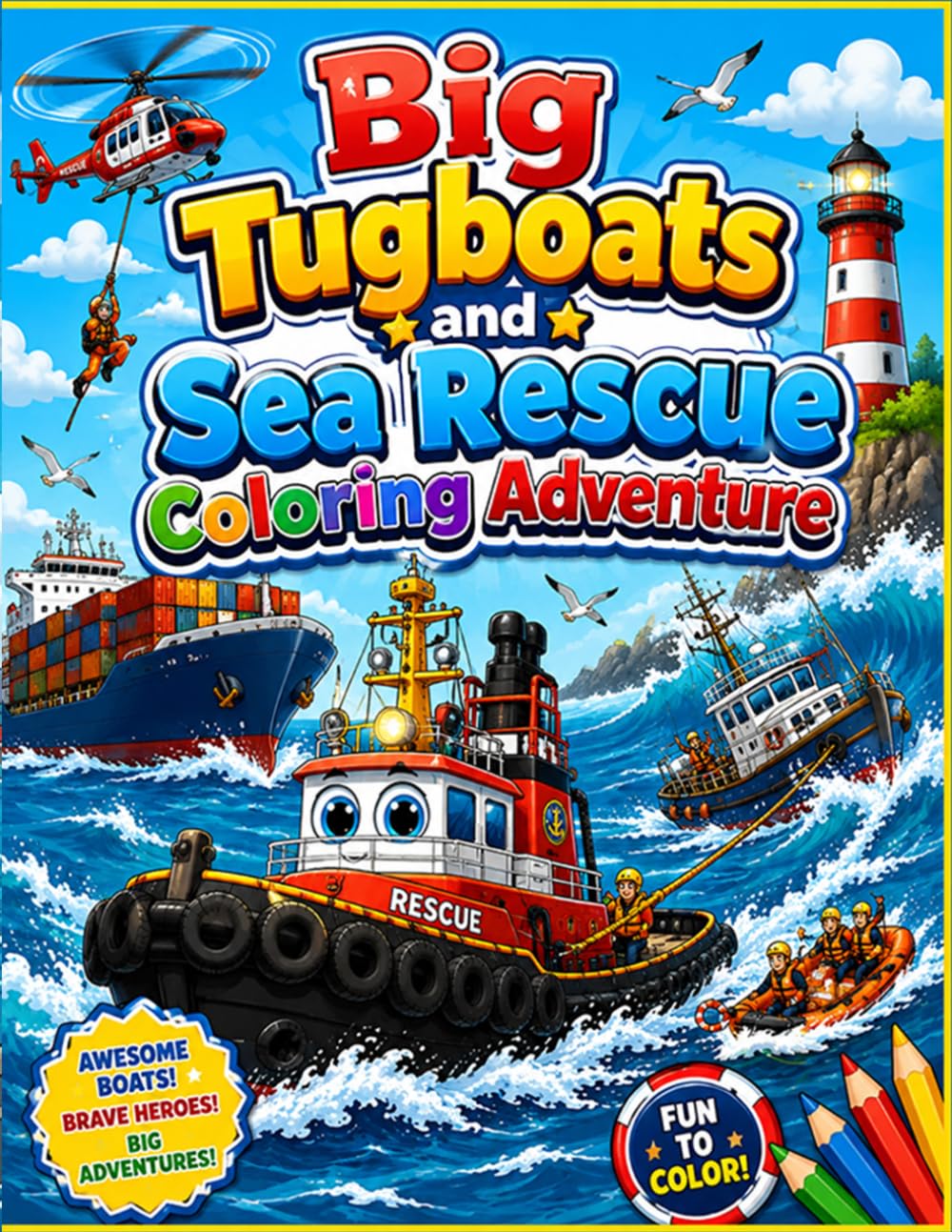 Big Tugboats and Sea Rescue Coloring Adventure: Exciting Ocean Rescue Missions and Powerful Working Boats Coloring Fun for Kids