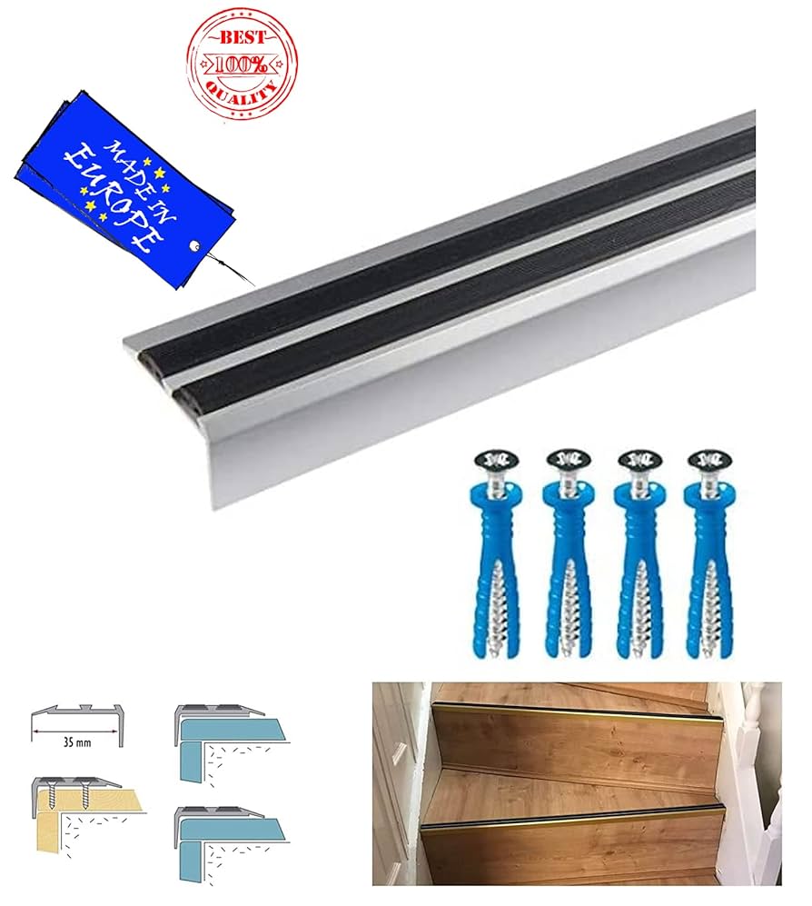 Anodised Aluminium Anti Non Slip Stair Edge Nosing -Trim- 40 X 20mm Lengt 900mm (2.95FT) Silver Gold CHAPMAGNE (35.41"in X 1.57in X 0.78in) IP40 TMW Profiles (Champagne