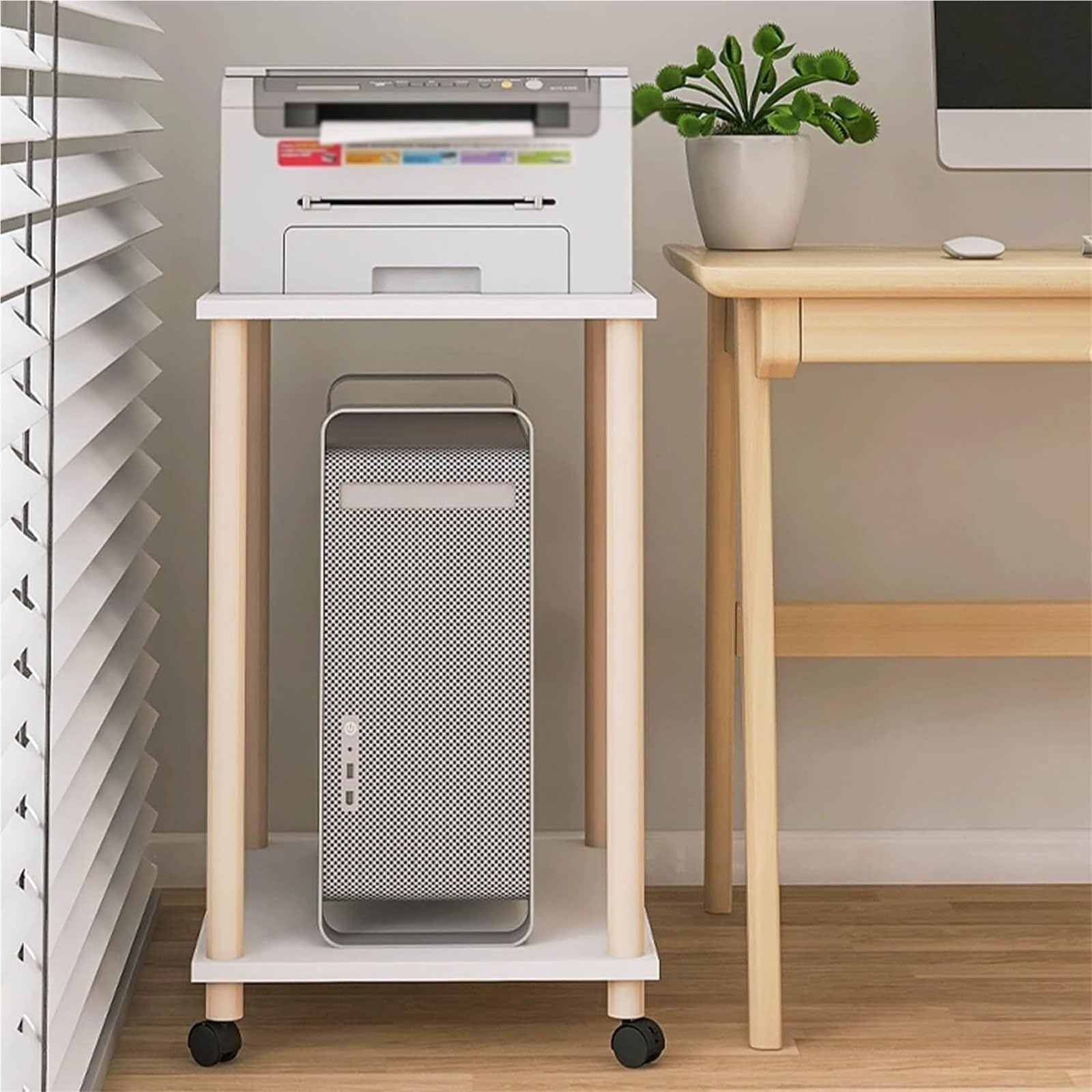 Druckerständer, Holz, Robustes Desktop-Aufbewahrungsregal mit Rädern, bodenstehende Aufbewahrungsregale, 2-stufig, Mehrzweck für Zuhause, Büro (59 * 44 * 72,4 cm)