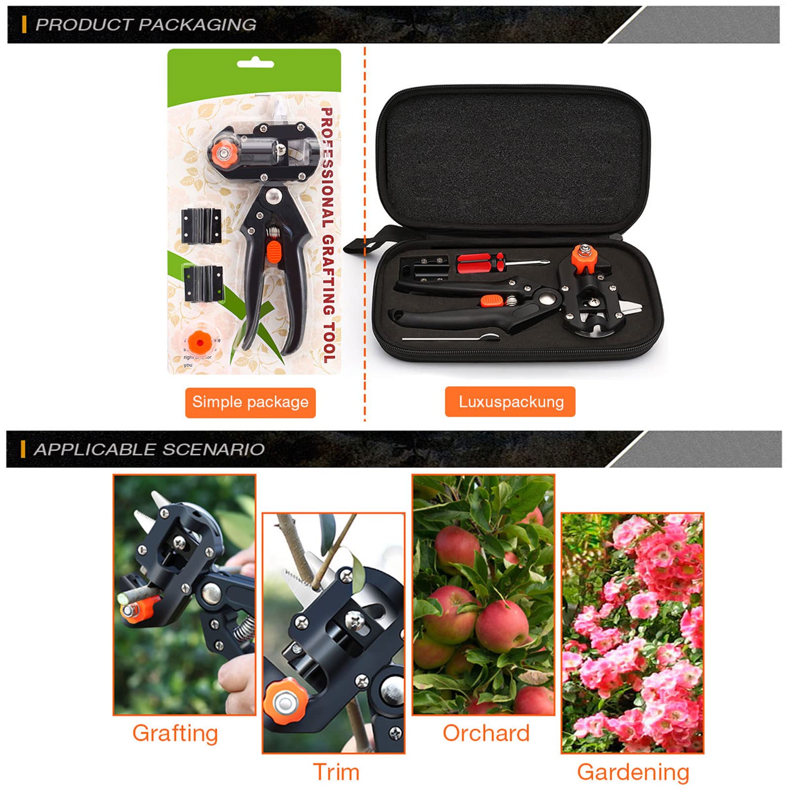 Herramienta de injerto de jardín 2 en 1, kit de tijeras de podar multifuncionales, incluye herramientas de poda de jardín con 3 hojas adicionales, cintas de injerto, bandas de goma, guantes de jardi