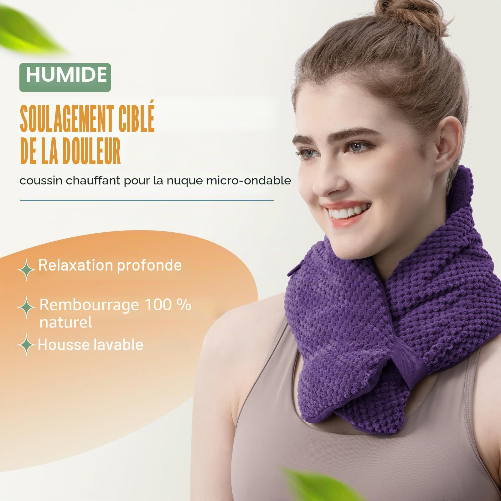UNCN Coussin chauffant pour le cou au micro-ondes avec housse lavable, large lesté, soulagement de la douleur, sac chauffant pour thérapie par le blé (violet)