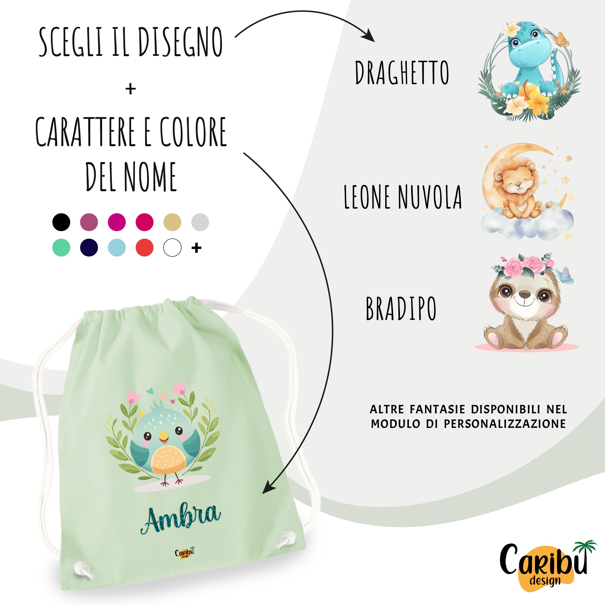 Sacca 100% Cotone Personalizzata con Nome per Asilo Scuola Materna Elementare Nido Sport Cambio - Zaino Sacchetta Stoffa Grande con Stampa Animali e Cordoncino da Bambino Bambina