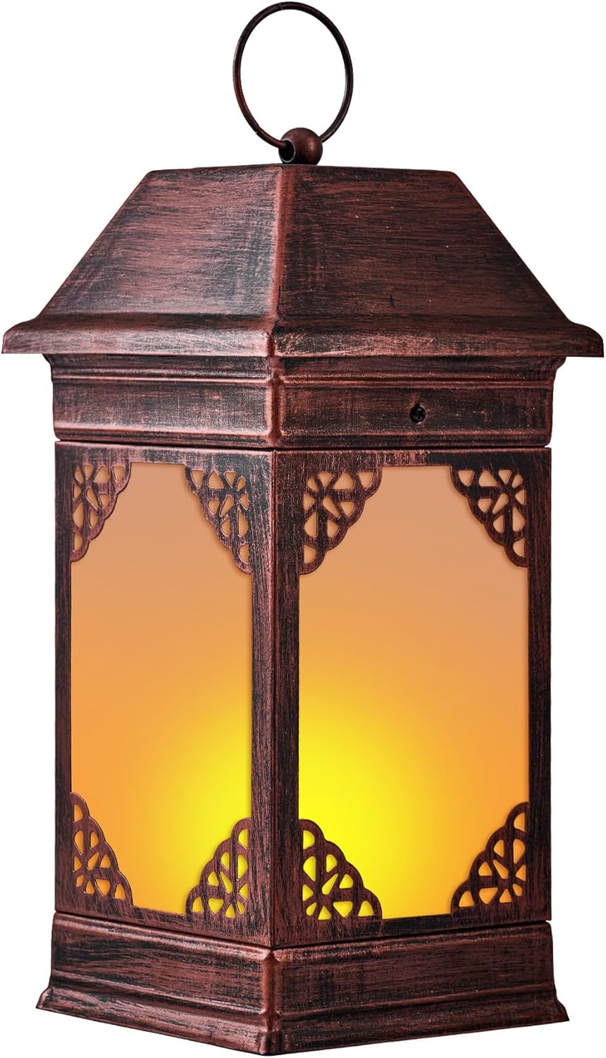 15.5" Solar Lanterns Outdoor Waterproof, Glass Flickering Flame Solar Lantern, Hanging Metal Lantern Decorative for Patio Front Porch Garden Backyard Tabletop Party Decoration