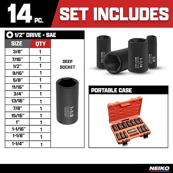 Neiko 02476A 1/2 Impact Socket Set, 14 Piece 6 Point Impact Set, Standard Impact Socket Set, SAE Sizes (3/8-Inch to 1-1/4) Cr-V Steel, Deep Socket Set 1/2 Drive,
