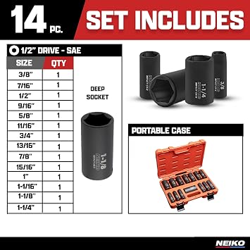 Neiko 02476A 1/2 Impact Socket Set, 14 Piece 6 Point Impact Set, Standard Impact Socket Set, SAE Sizes (3/8-Inch to 1-1/4) Cr-V Steel, Deep Socket Set 1/2 Drive,