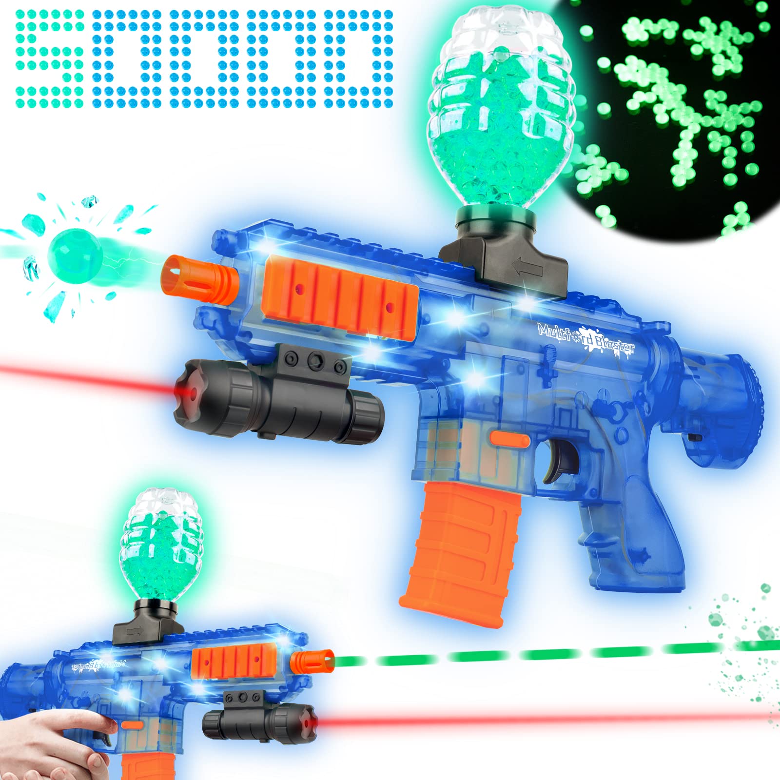 Lighting Gel Ball Blaster M416 with Florescent Light, 5 Cool LED Splatter Cool Ball Blaster, with 40000 Beads and 10000 Luminous Beads, Infrared, Goggles, for Outdoor Shooting Game, Ages 12+,Blue