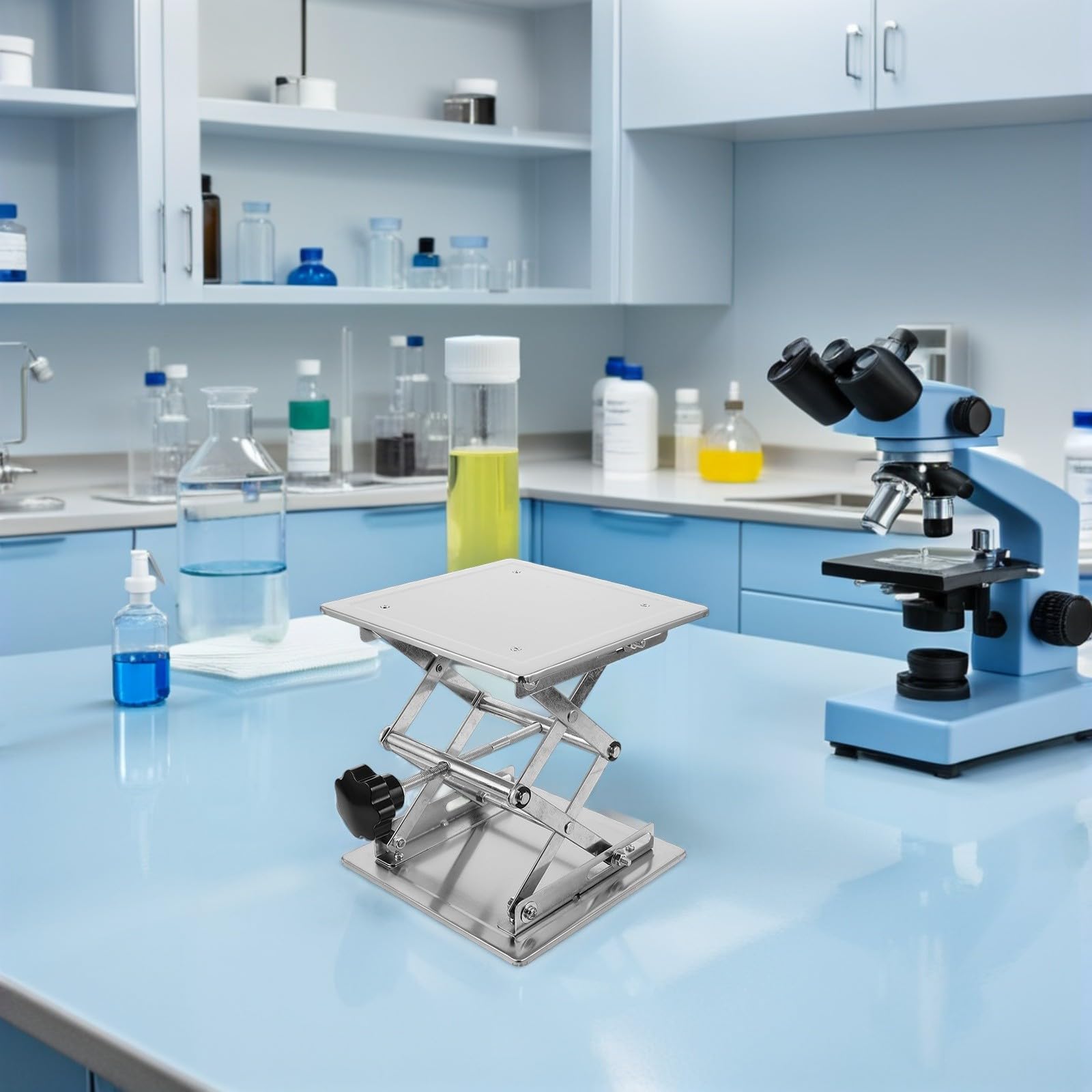 Soporte de elevación manual ajustable de acero inoxidable de 200 x 200 mm, mesa de plataforma para soporte de laboratorio