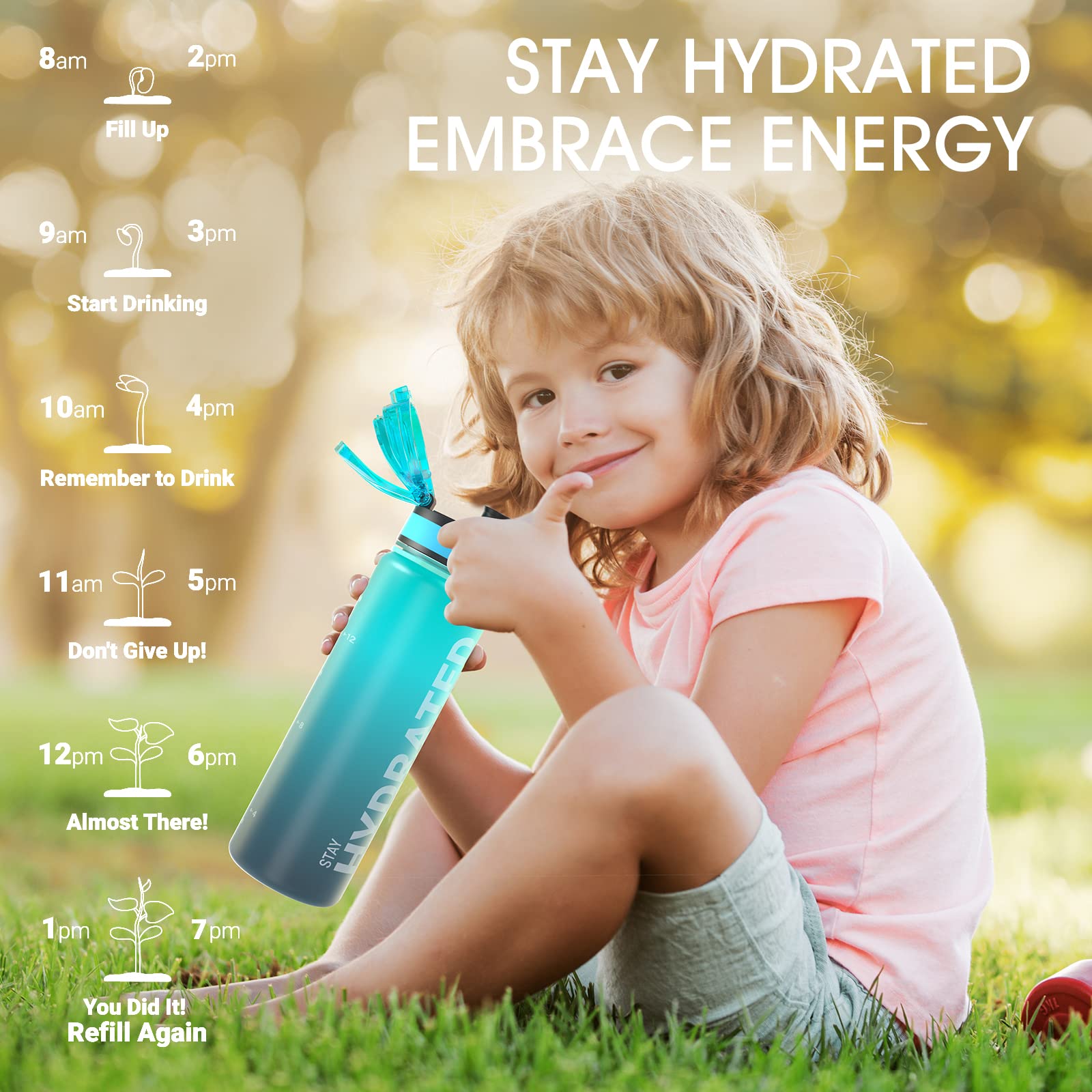 Sahara Sailor Water Bottle, 32/25/17oz Durable and Leakproof Water Bottles Motivational with Time Marker, Tritan, BPA Free, Wide Mouth with Easy Clean Brush for Gym, Travel, School, Office (1 Bottle)