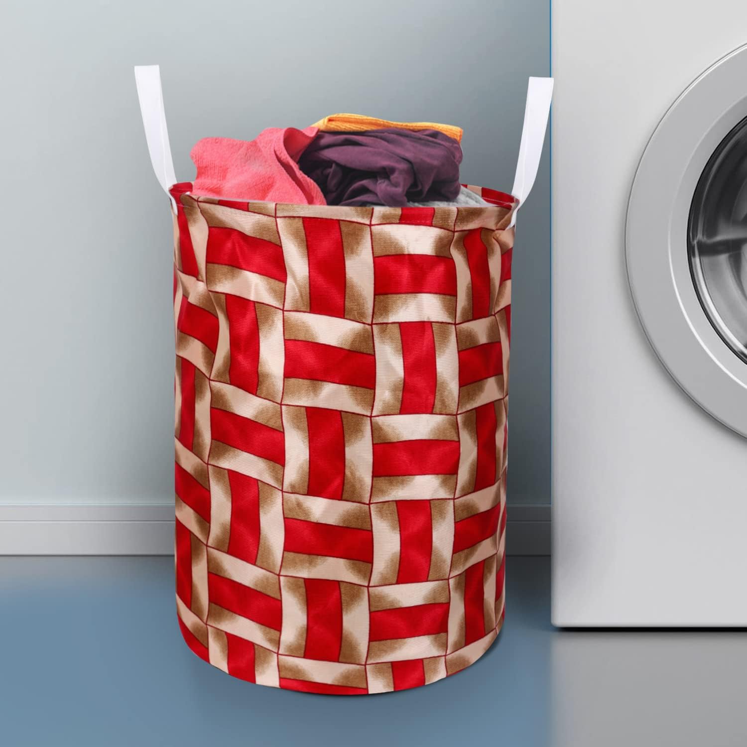 Polyester Foldable Laundry Bag/Laundry Basket Organizer With Handle For Dirty Clothes, 45L (Color-Geometric Red, Size-17x14 Inches)