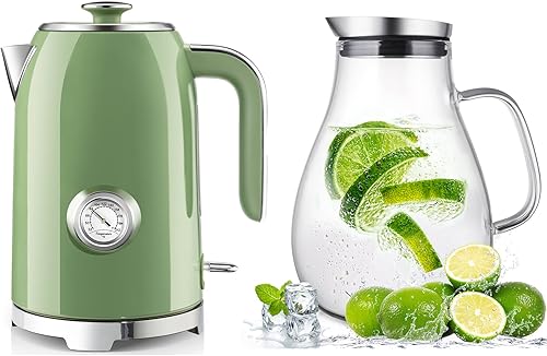 SUSTEAS Jarra de vidrio de 2.0 litros y 68 onzas con tapa para bebidas caseras y hervidor eléctrico SUSTEAS de 57 onzas con termómetro