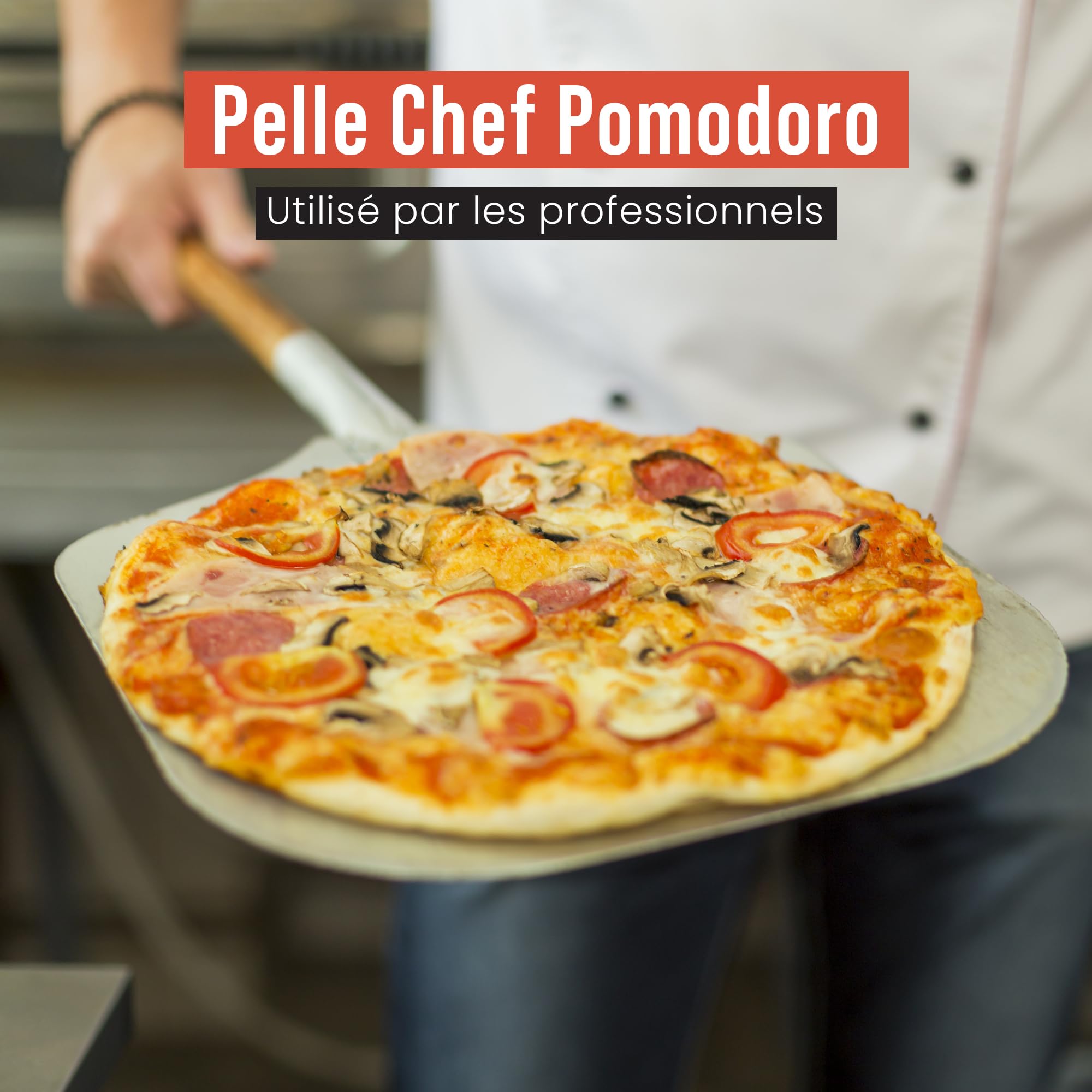Chef Pomodoro - Longue Pelle A Pizza Professionnelle (35 cm x 30 cm) - Spatule Pizza en Aluminium Perforé - Poignée en Bois Extensible Et Détachable - Pelle Pizza de Haute Qualité