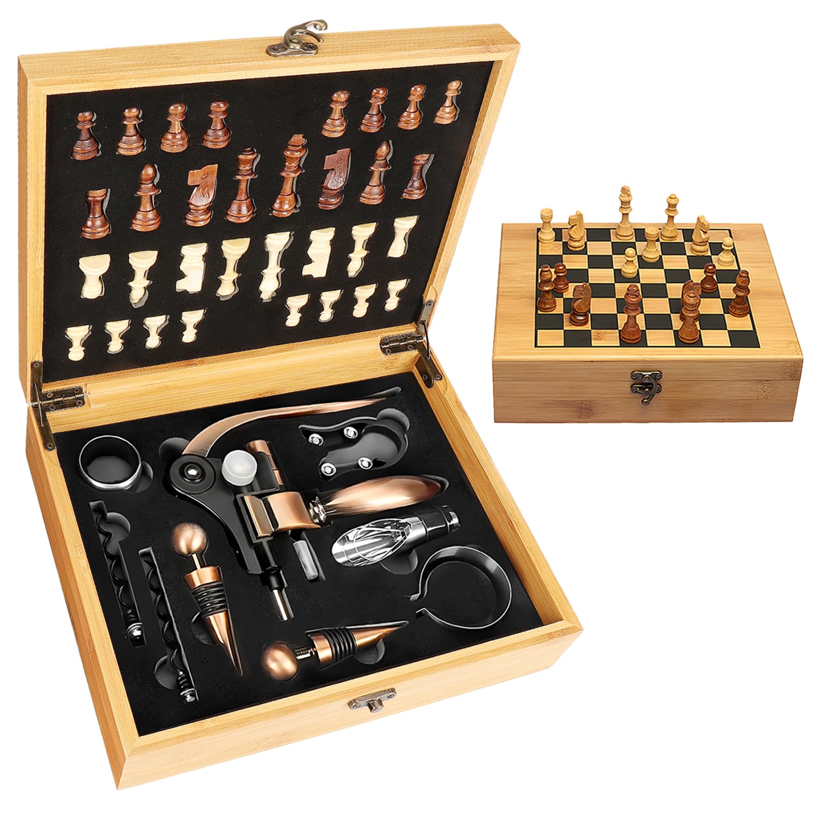 Set di cavatappi da Vino con Scatola in Legno Antico, Set da Sommelier con cavatappi, Set di Accessori da Vino, Set di cavatappi con Testa di Coniglio, Anelli salvagoccia (BambooWood)