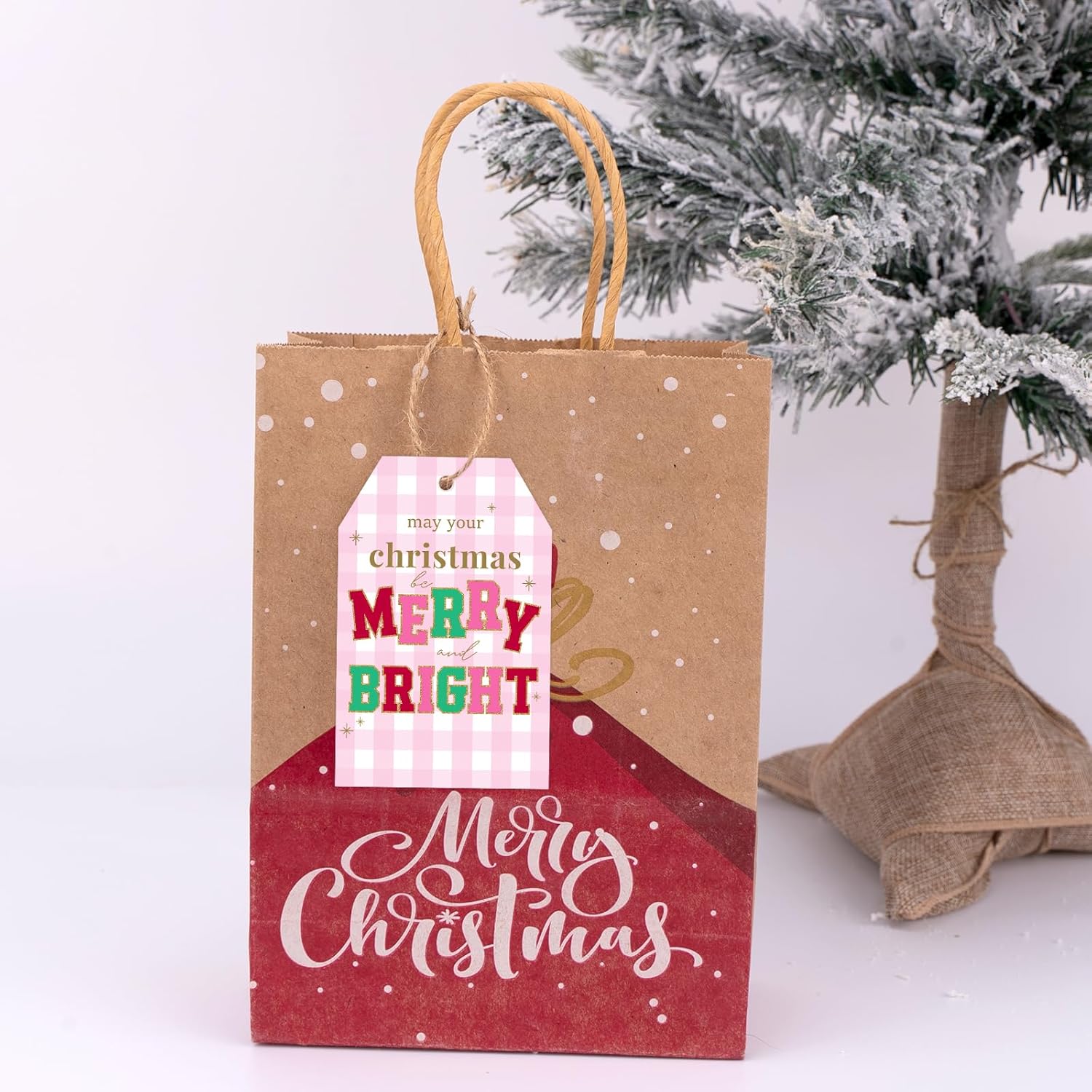 joycraft 50Pcs Christmas Tags with String - 3.3x2.1 in Pink Plaid Merry Christmas Hangtags, White Winter Holiday Gift Wrap Tags for DIY Craft, Bags, Party Favor, Teacher Appreciation - Image 5