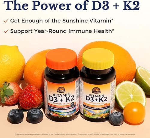 Miniatura 8 de Vitalitown Suplemento de vitamina D3 K2, D3 5000 UI, vitamina K2 MK-7 100 mcg, sin OMG, sin gluten y soja, para huesos, dientes, inmune y salud