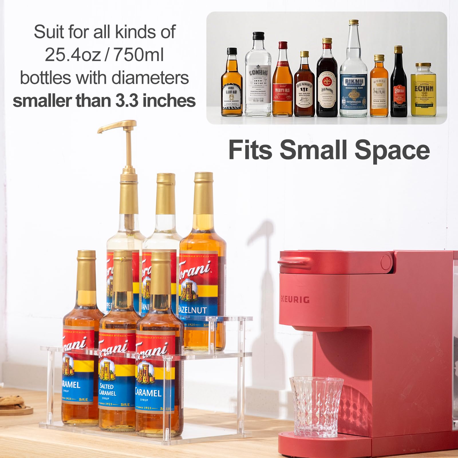 Organizador de jarabe de café acrílico, estante de 2 niveles para jarabe de café (capacidad de 6 botellas), soporte para botellas de jarabe para barra de café, jarabes de encimera de cocina 7