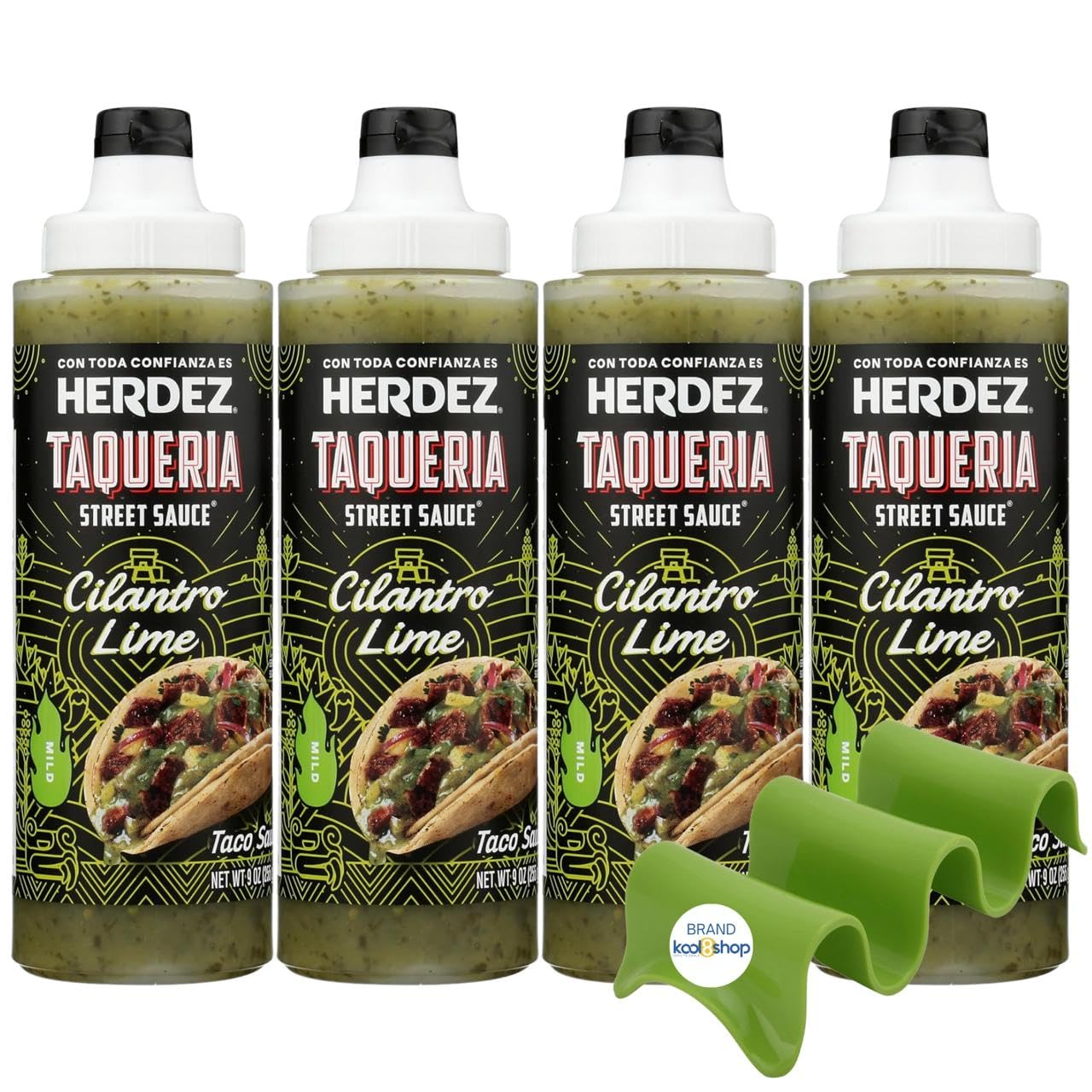 Herdez Taqueria Street Cilantro Lime Sauce 9 oz Plastic Bottle 4 Pack + 1 Taco Stand by KOOL8SHOP Infinite Deals