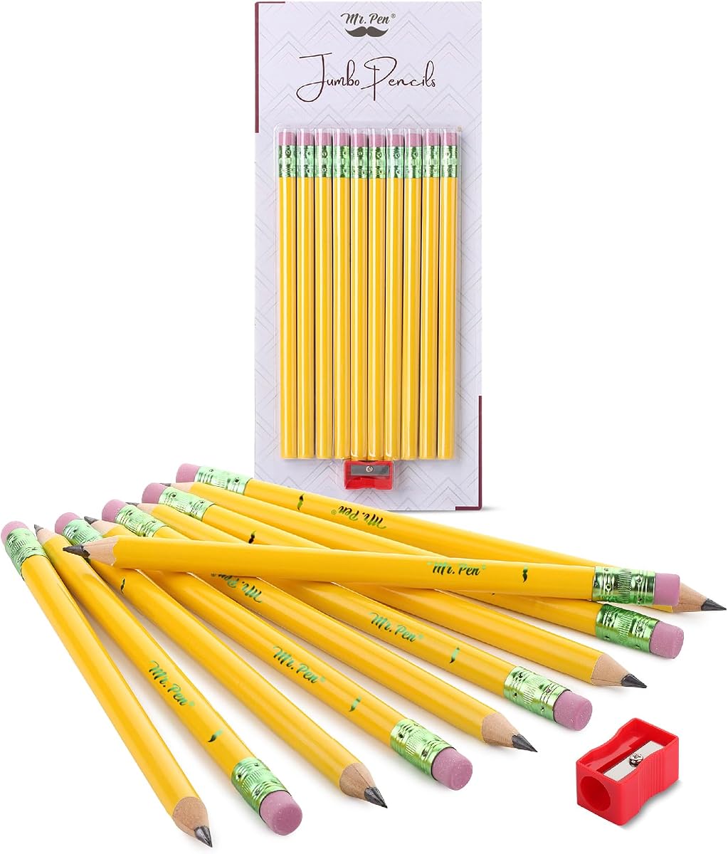 Jumbo Pencils, 10 Pack with 1 Sharpener, Yellow Barrels | Smooth Black 2 HB Graphite Cores, Large Preschool Pencils, Smooth Writing Lead for Kindergarten, Kids and School Supplies