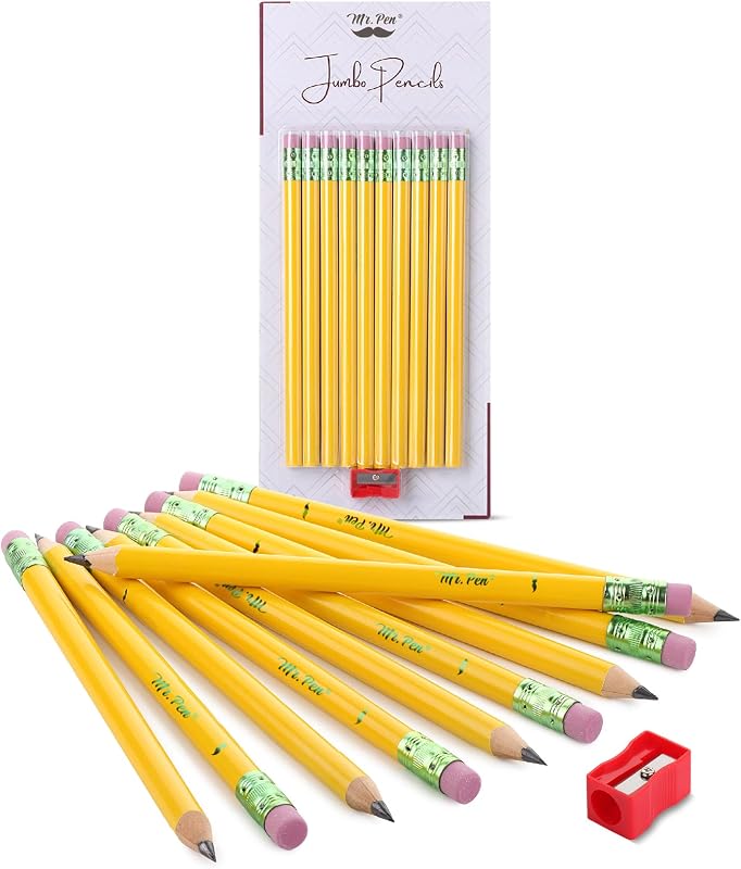 Jumbo Pencils, 10 Pack with 1 Sharpener, Yellow Barrels | Smooth Black 2 HB Graphite Cores, Large Preschool Pencils, Smooth Writing Lead for Kindergarten, Kids and School Supplies