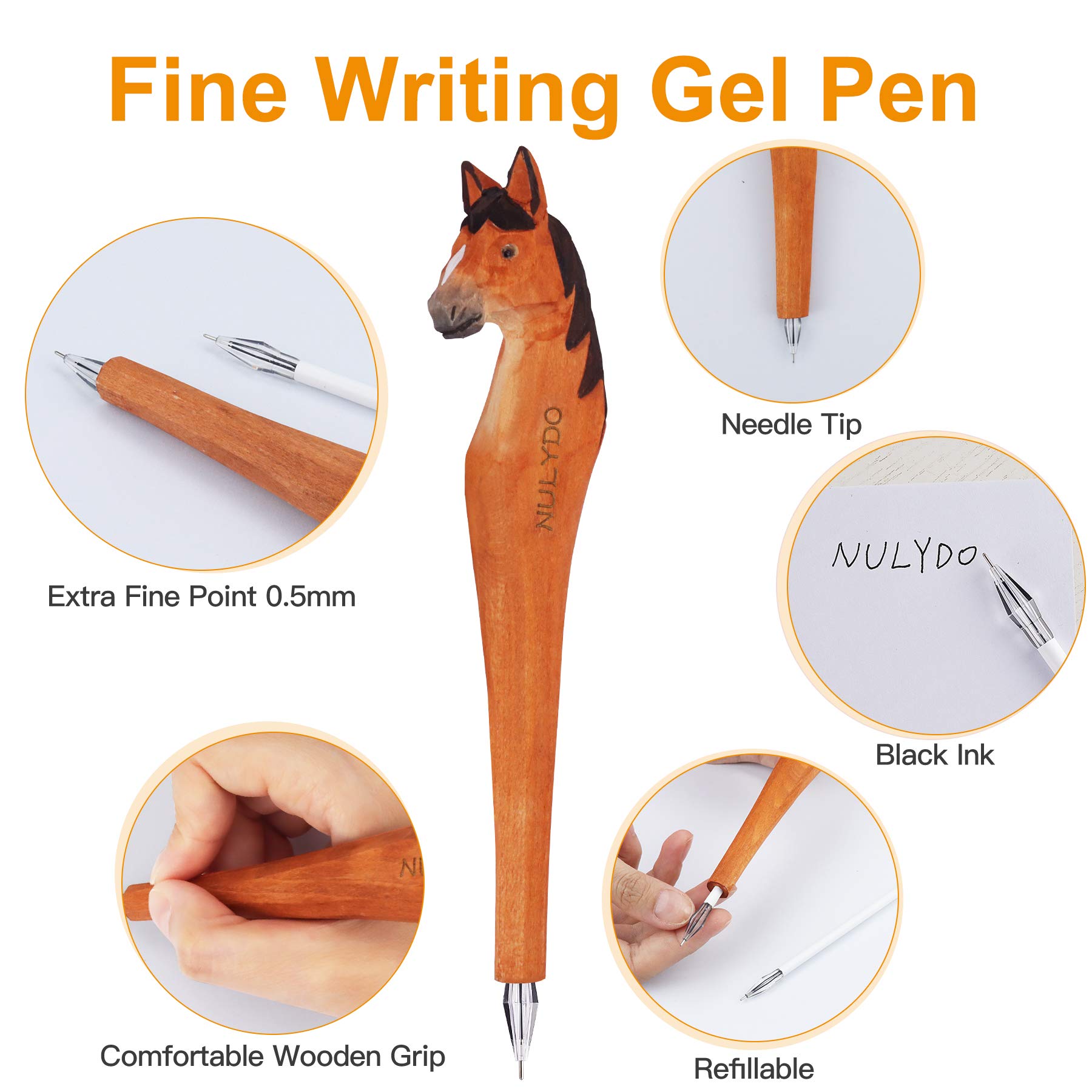 Bolígrafo de gel de animales tallados en madera 100 % hecho a mano | Caballo, bonito material escolar de papelería, suministros de oficina, divertido bolígrafo de escritura, bolígrafo de regalo