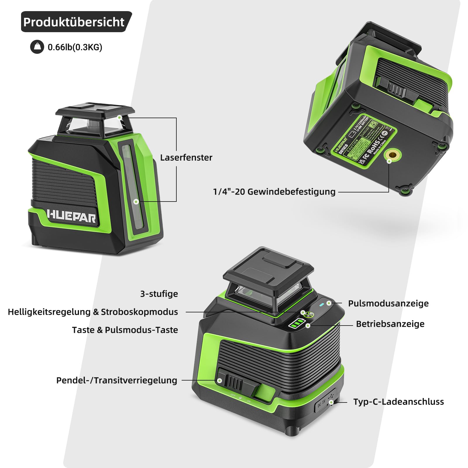 Huepar 360° Laser Wasserwaage mit 152 cm Stativ, Kreuzlinienlaser grün mit Pulsmodus, 3 Helligkeitsstufen, Selbstnivellierend, wiederaufladbarem Li-Ionen-Akku für Heimwerkerprojekte im Innenbereich
