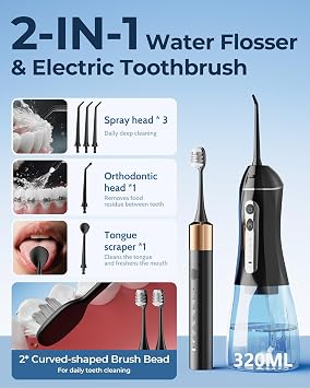 Electric Toothbrush with Water Flosser for Teeth, Sonic Electric Toothbrush and Electric Floss for Adults and Kids, Water Dental Picks, Cleaning and Flossing Dental Care, Waterproof