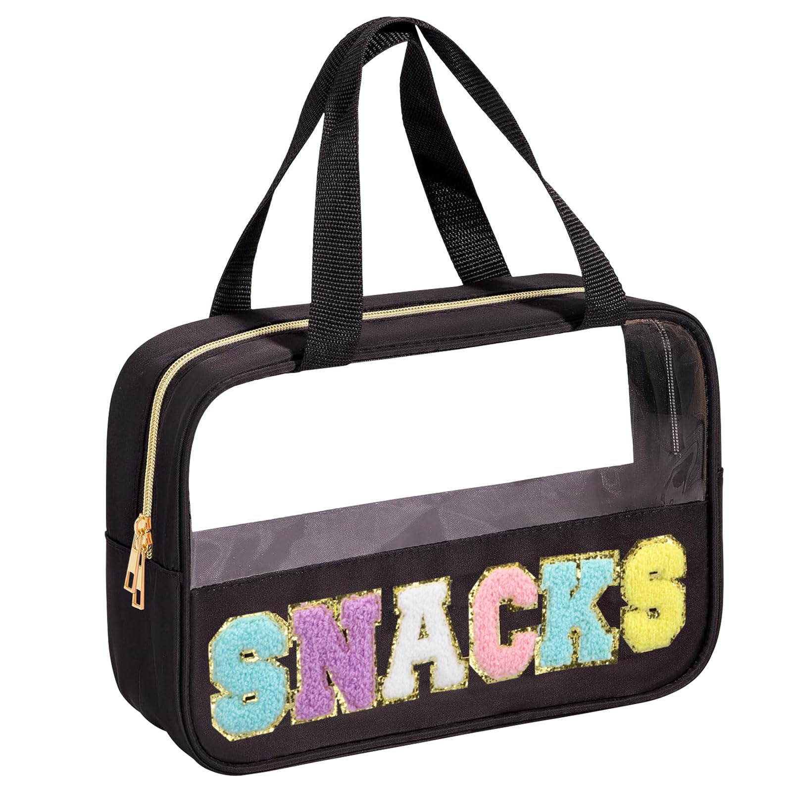 BuyCard Chenille Letter Patch Clear Travel Bags, Preppy PVC&Nylon Makeup Bag with Handle and Zipper, Waterproof Large Clear Travel Toiletry Bag