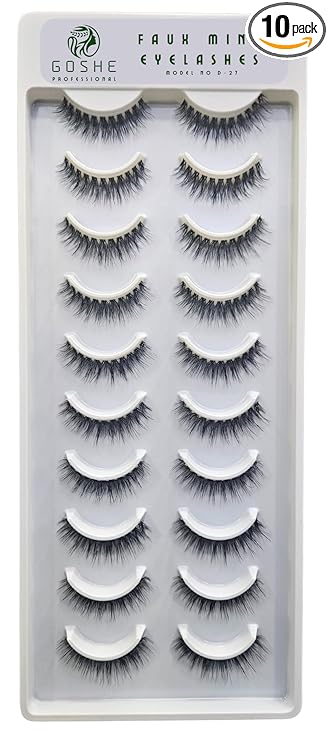 Goshe Professional 3D Faux Mink Eyelashes | Pack of 10 Pair | Natural & Soft eyelashes | Offers a very natural and wispy look (Model no D 27)