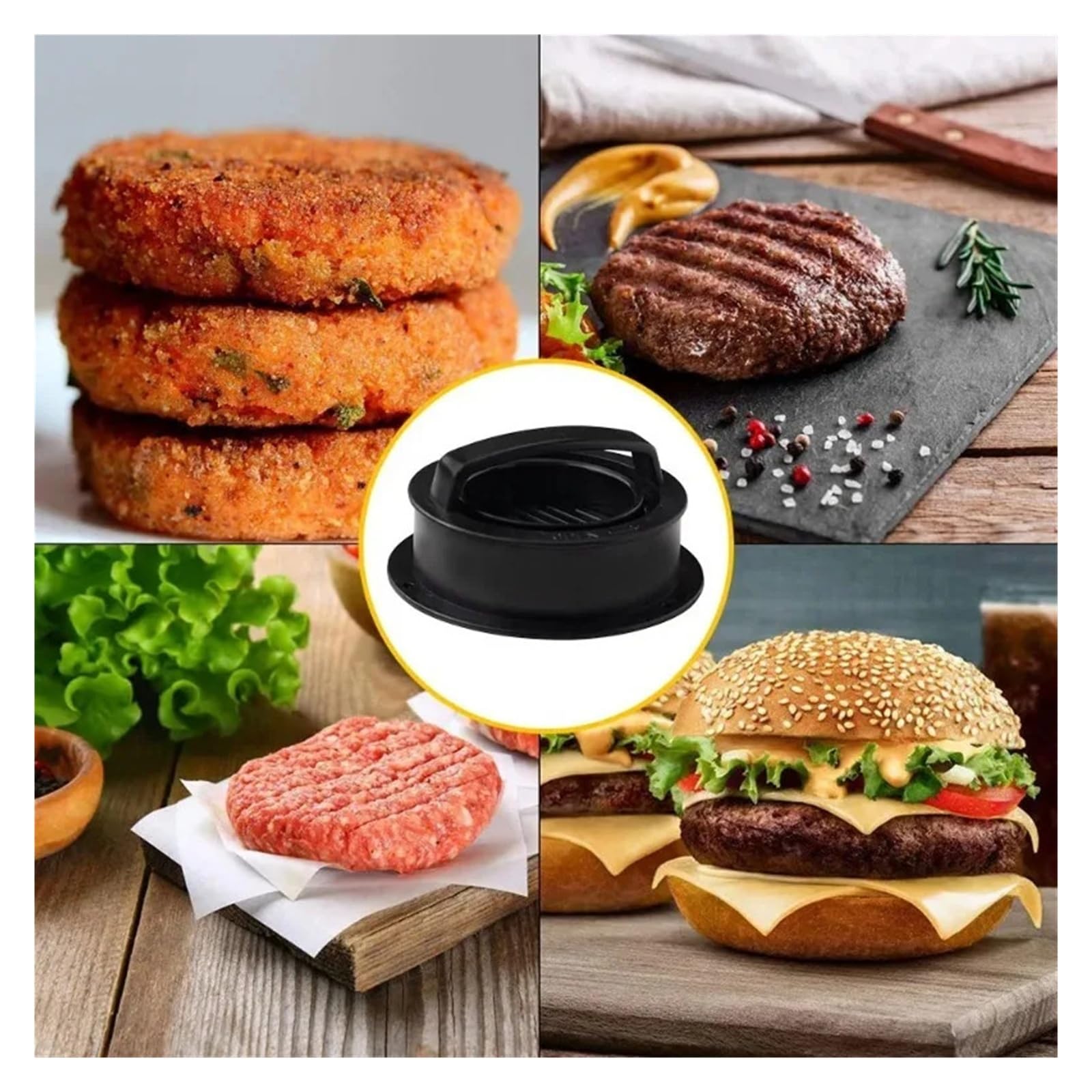 Generisch Runde Hamburger-Burger-Presse, Rindfleisch-Grillhelfer, Fleischkoteletts, Patty-Maker-Form, Küchenhelfer(3 in 1 Black)