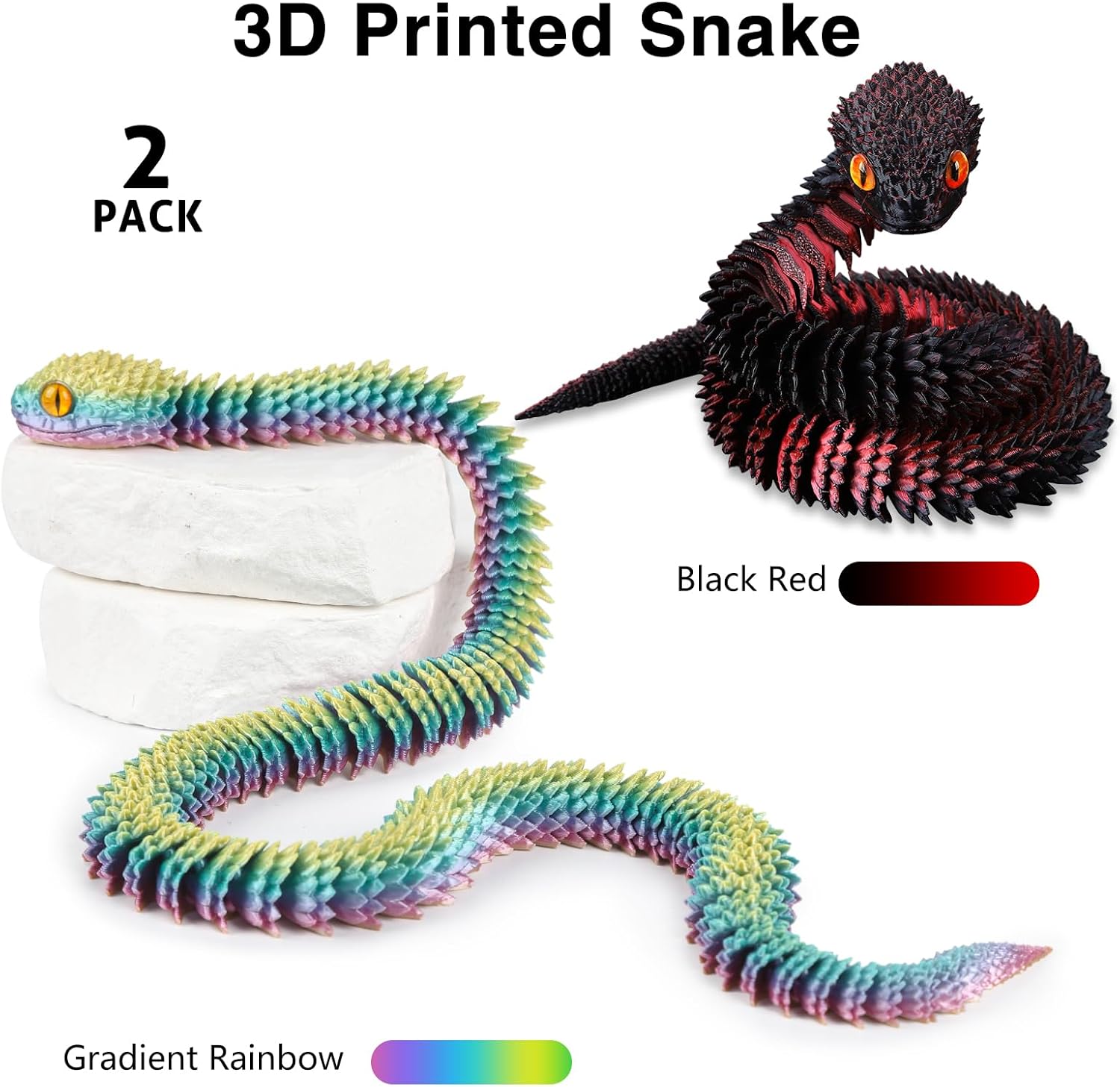 2PCS 24'' 3D Printed Snake,3D Printed Animals,3D Printed Fidget Toys，Articulated Crystal Anaconda，Home Office Executive Desk Decoration Black Red & Rainbow