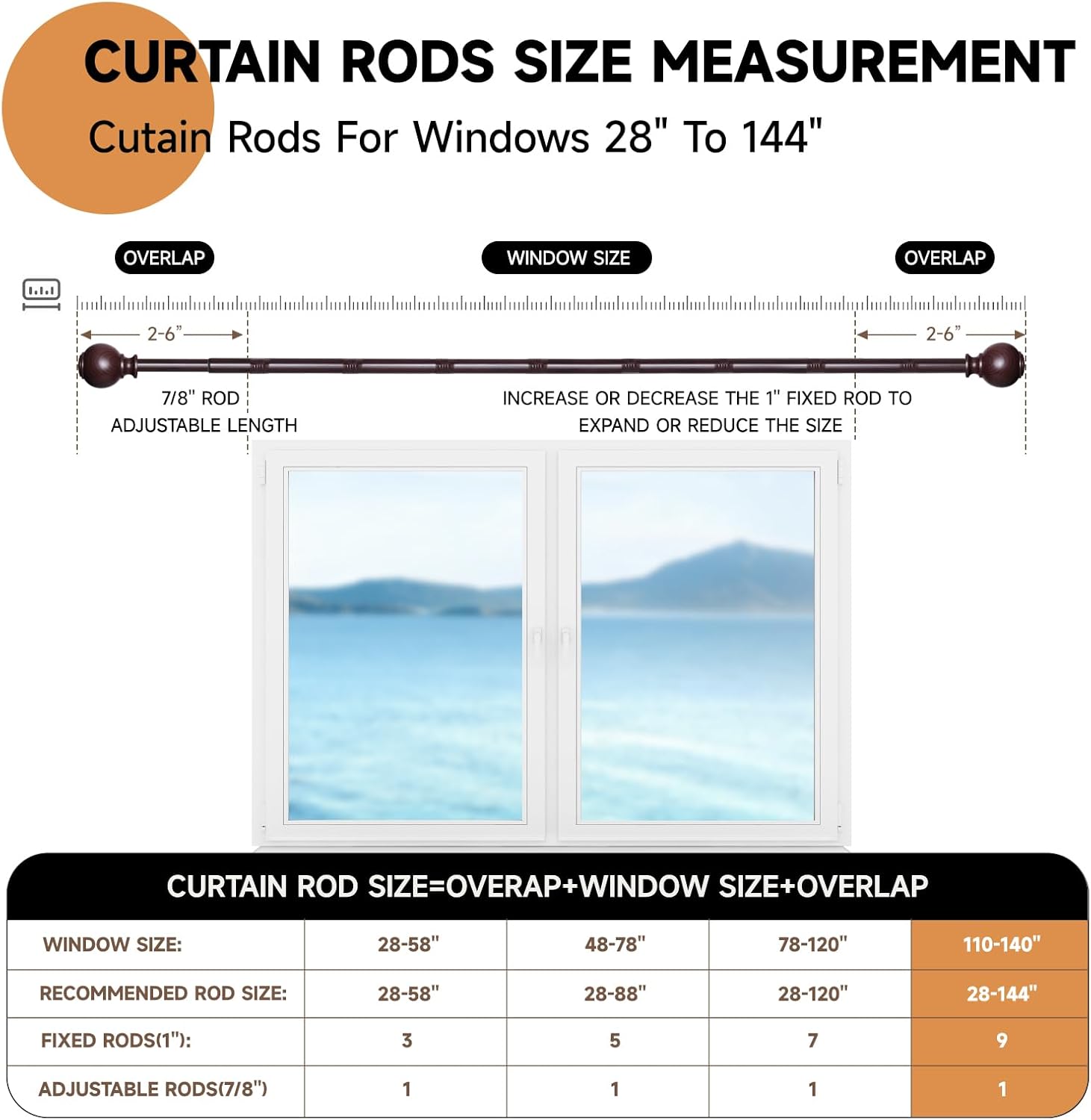 Red Wood Curtain Rods for Windows 72 to 144 Inches,1 inch Heavy Duty Window Curtain Rod with Imitation Wood Grain Finials,Decorative Drapery Rods Adjustable, 28"-144"(2.3-12ft)