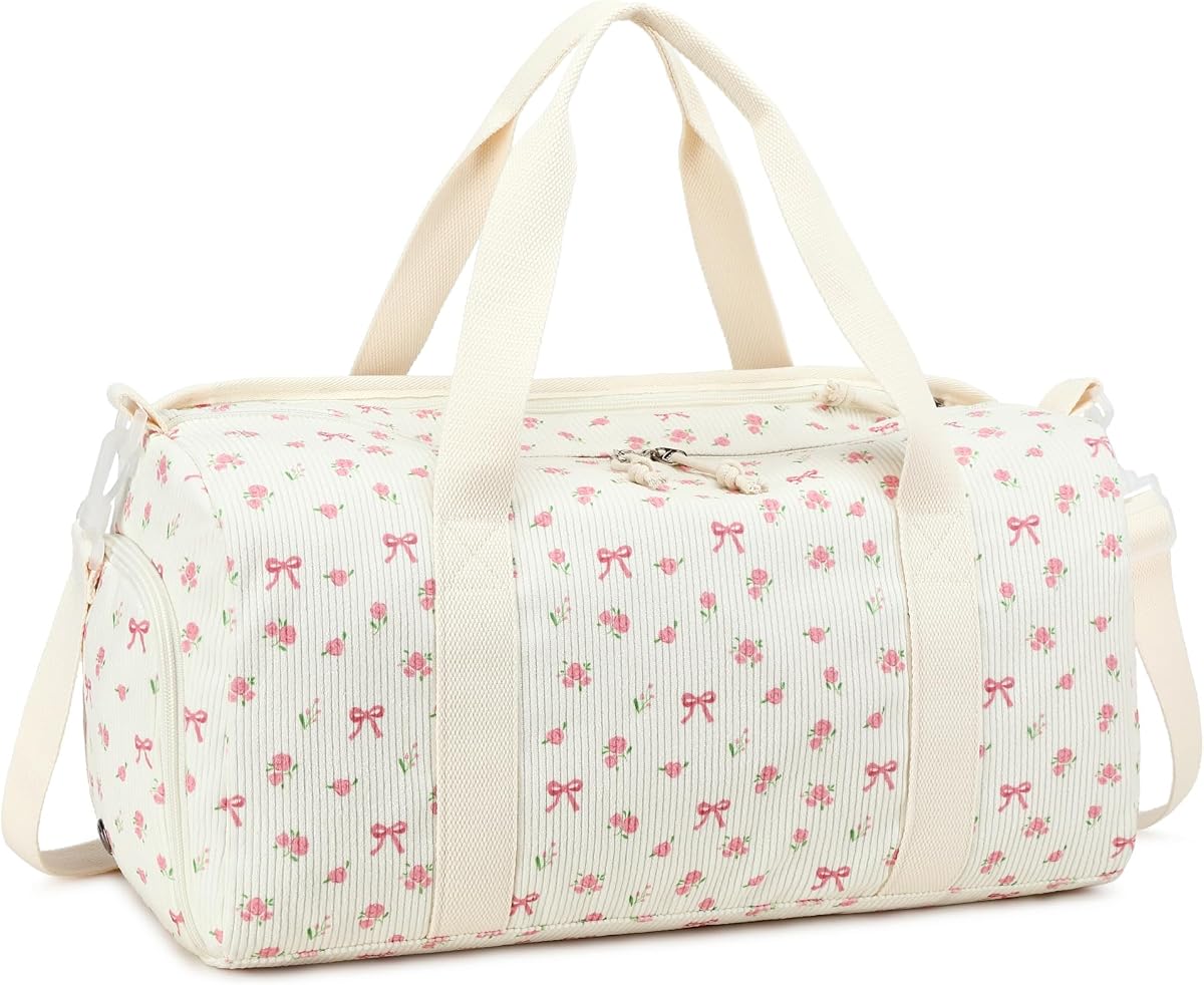 Duffle Bag for Girls, Kids and Teens, Cute Dance and Gym Bag with Shoe Compartment, Wet Pocket and Trolley Sleeve, 23L Water-Resistant Pink Bow Floral Design for Sports and Overnight Travel