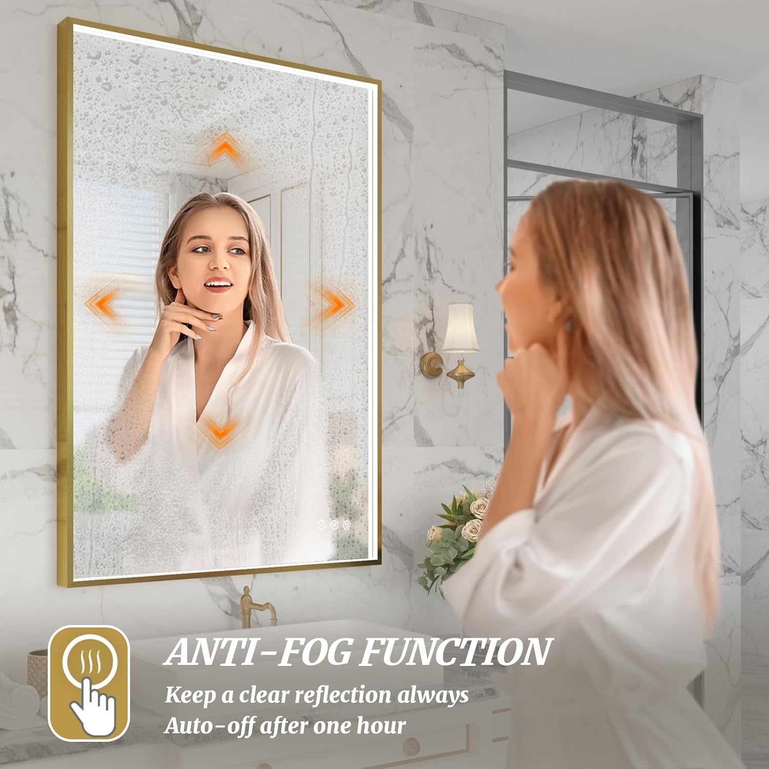 24x36 Inch LED Bathroom Mirror, Gold Metal Framed Lighted Mirror for Bathroom, Wall Mouted LED Vanity Mirror with Lights, 3 Colors and Stepless Dimmable, Anti-Fog, Memory