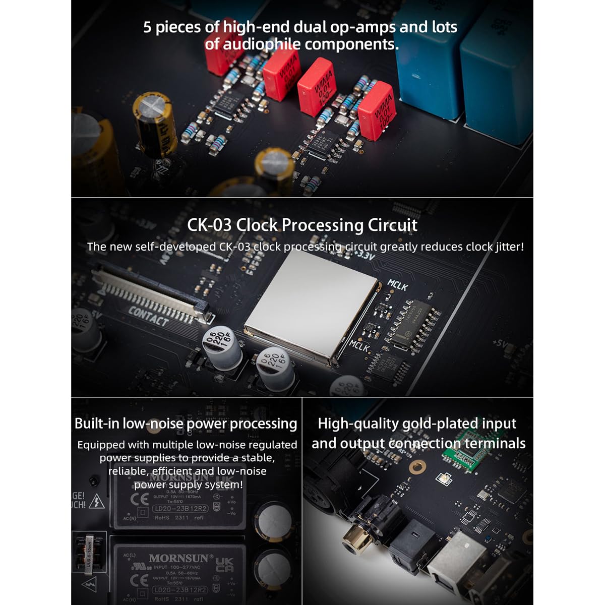 Internal components: op-amps, clock circuit, power supply, and output terminals