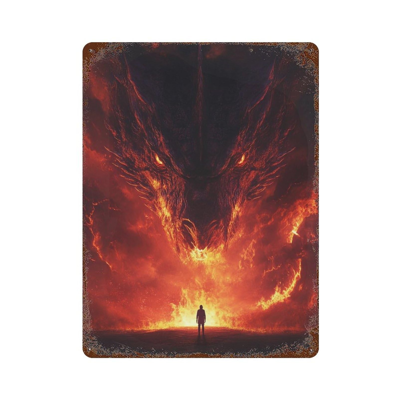Garage Style Dragon Vs. Man Epic Battle Distressed Metal Wall Sign 15.7"x11.8", Farmhouse Wall Decor for Bar And Workshop