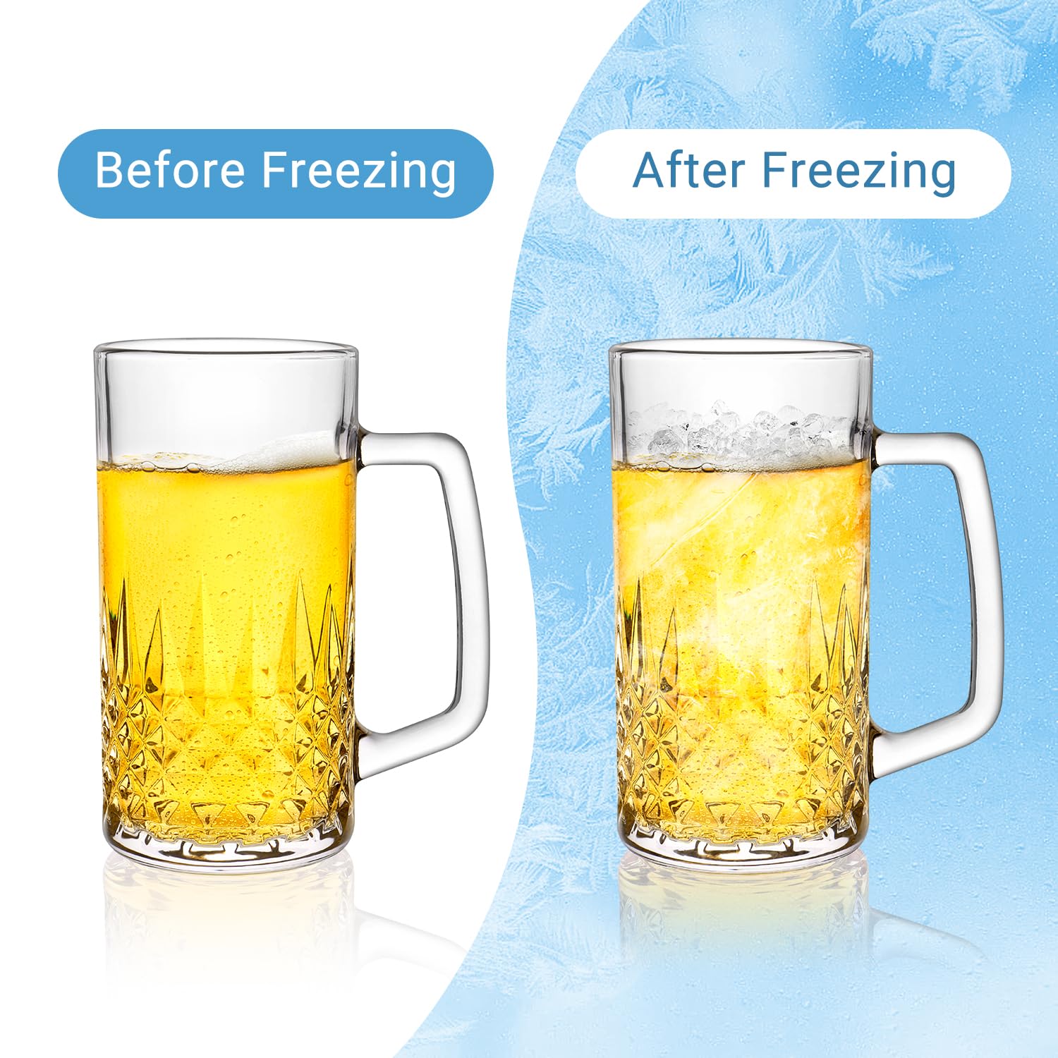 Lot de 2 tasses à bière en cristal de 591 ml avec poignée, tasses à bière en verre pour congélateur, cadeaux pour homme