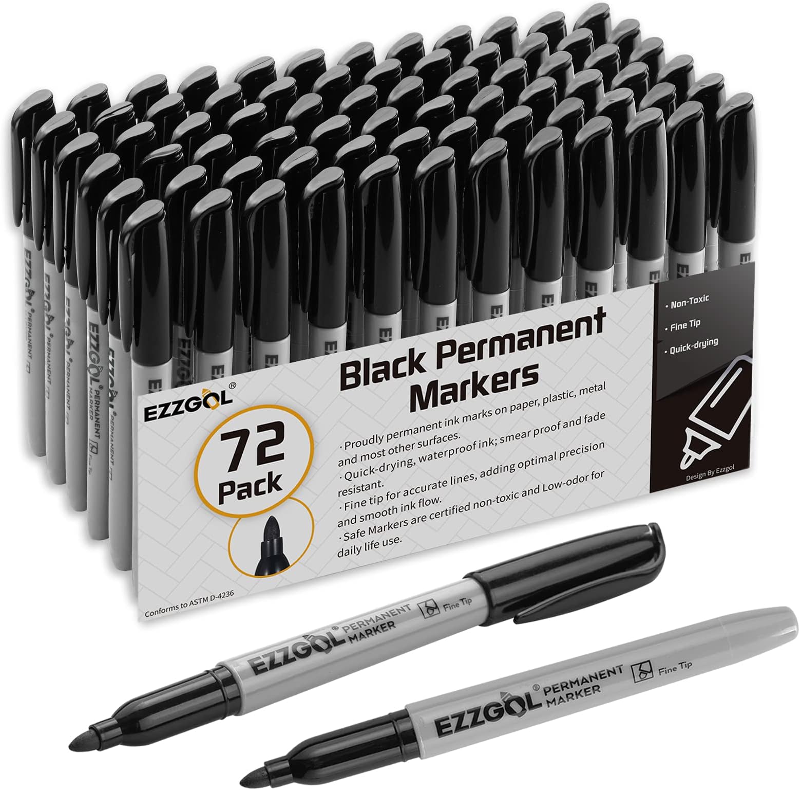 Permanent Markers Bulk, 72 Pack Black Permanent Marker Set, Fine Tip, Waterproof Markers, Premium Smear Proof Pens, Waterproof, Quick Drying, Office Supplies for School, Office, Home