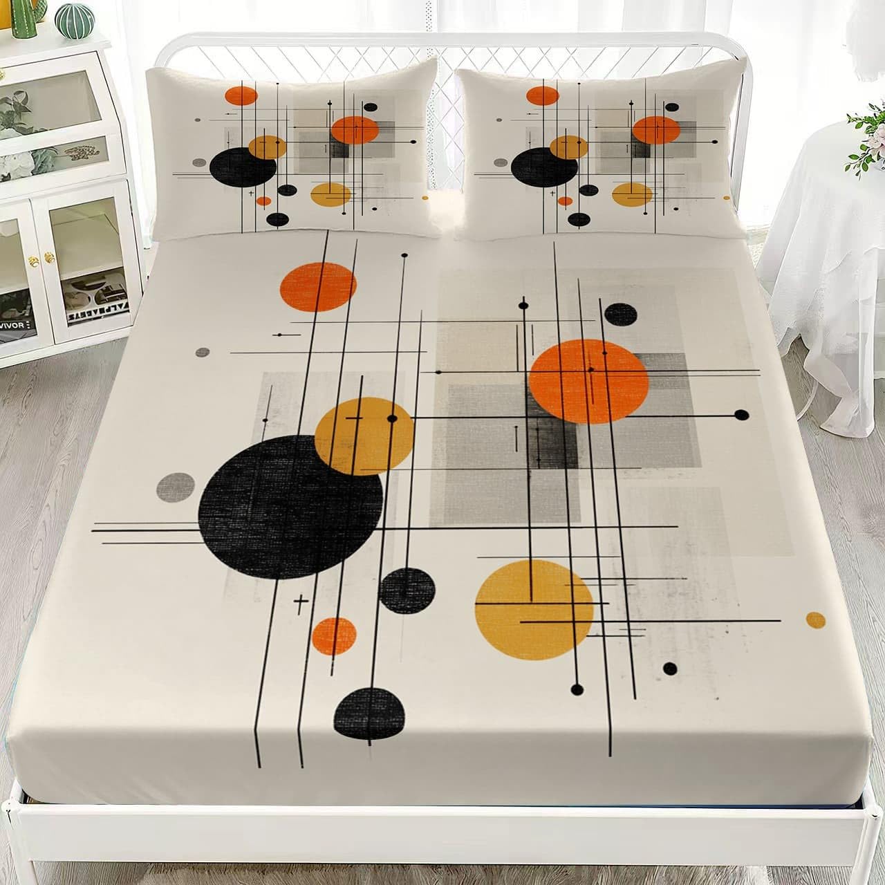 Antypoślizgowe prześcieradła z gumką, 3-częściowe, 180 x 200 cm, abstrakcyjne, minimalistyczne, geometryczne, miękkie, wygodne prześcieradło z gumką do 30 cm, beżowe prześcieradło z mikrofibry, dla