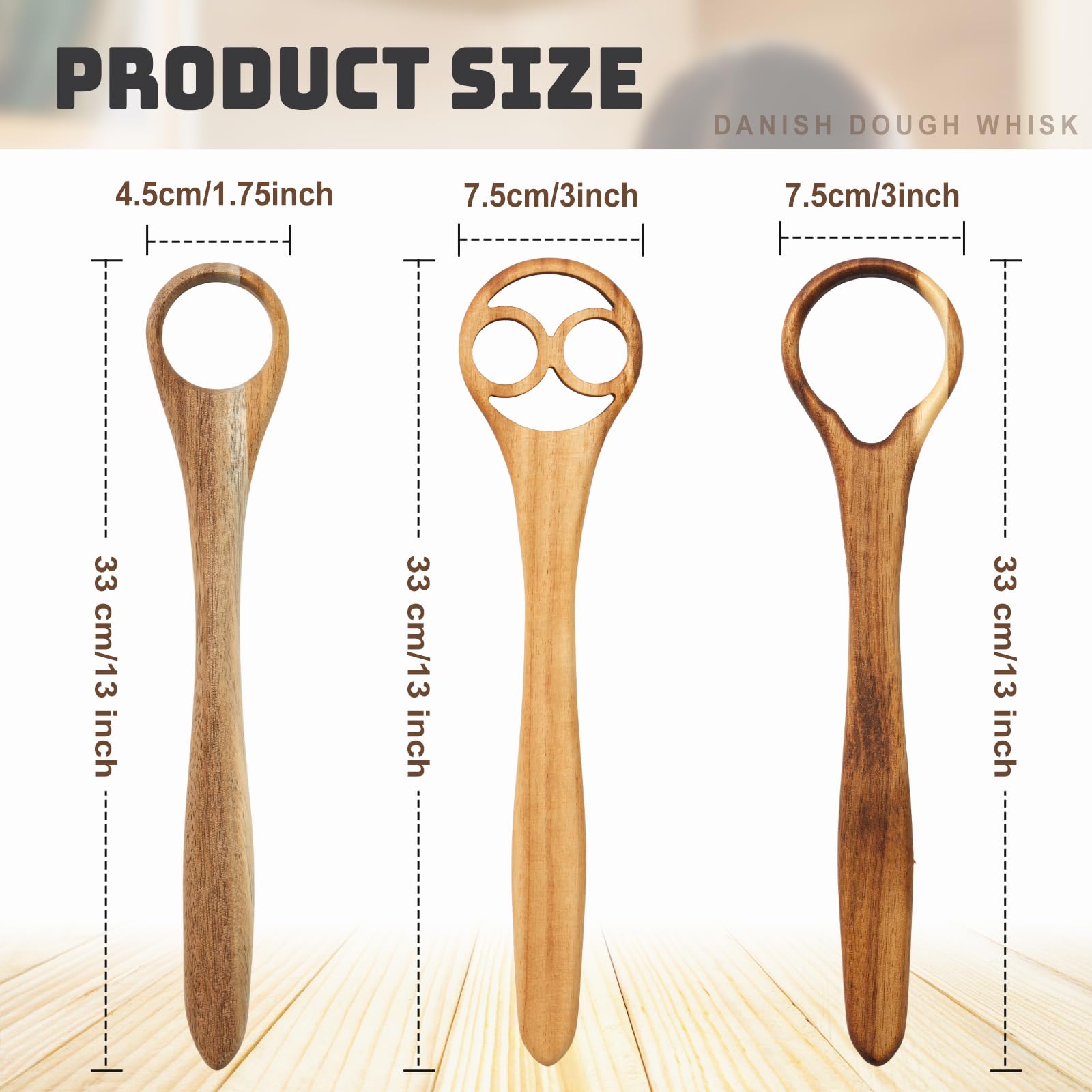SiliFine Dänischer Teigbesen, Akazienholz, dänischer Mixer, Sauerteig-Holzmixer, traditioneller holländischer Schneebesen für Gebäck, Ei, Pizza, Kuchenteig, 3 Stück