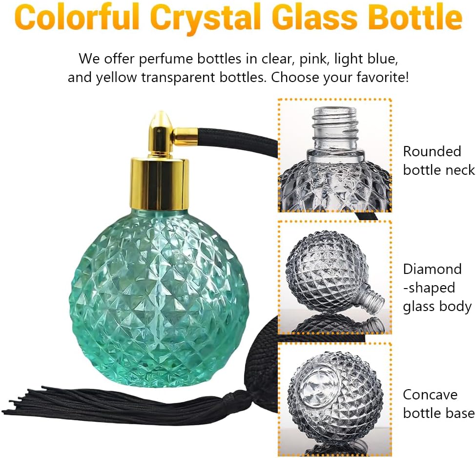 Retro Crystal Perfume Bottle, 80ml Refillable Green Perfume Atomizer Empty with Pink Long Tassels Vintage Spray Atomizer Pump Glass Container Reusable Dispenser Bottles for Makeup Hair(Gold Nozzle)