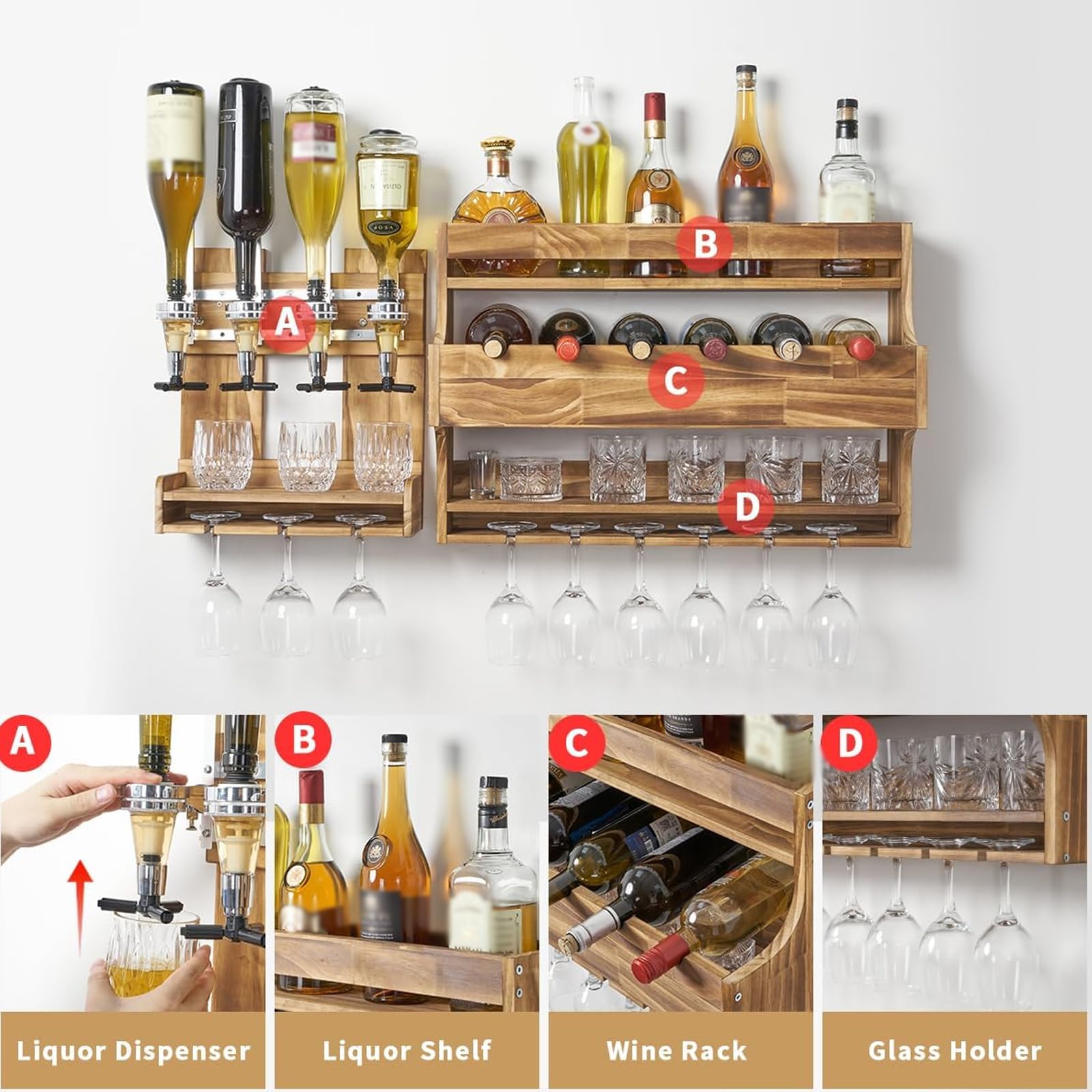 Amazon｜素朴な木製壁掛け酒瓶ディスプレイ棚、ガラスホルダーと4本