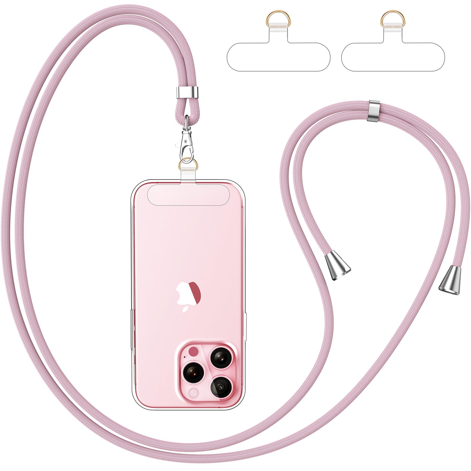 caslord Cordino per Cellulare*1, Trasparente Patch Universali*2, Adatto a Tutti Gli Smartphone, Cinturino per Cellulare Abbinabile a Qualsiasi Custodia, Regolabile e Rimovibile - Oro rosa+trasparente