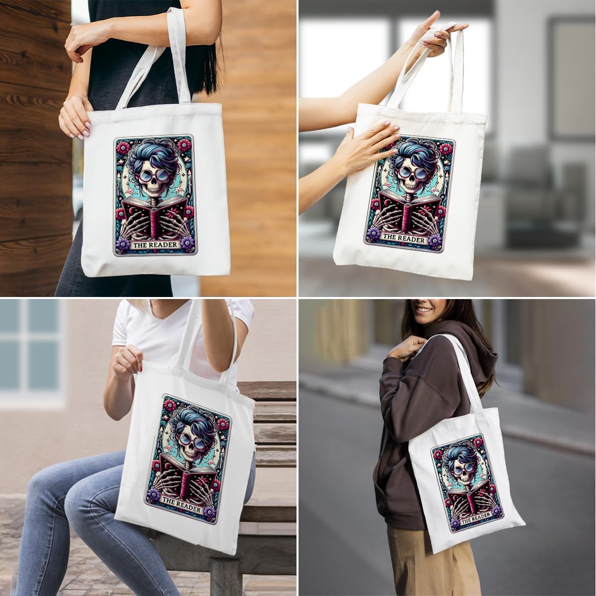 Decohim Funny Skull Tarot Card Sarcastic Canvas Tote Bag Witchy Gifts for Women Grocery Bags for Halloween Christmas - Image 5