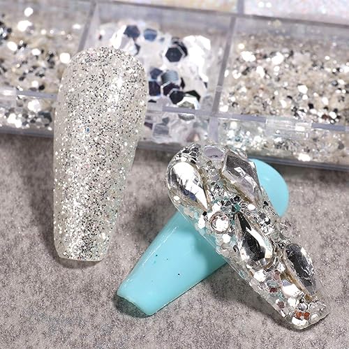 Miniatura 3 de AKOAK Purpurina de uñas, arte de uñas ofrece arte de uñas brillante 3D con purpurina hexagonal de lentejuelas champán plateado mini decoración de