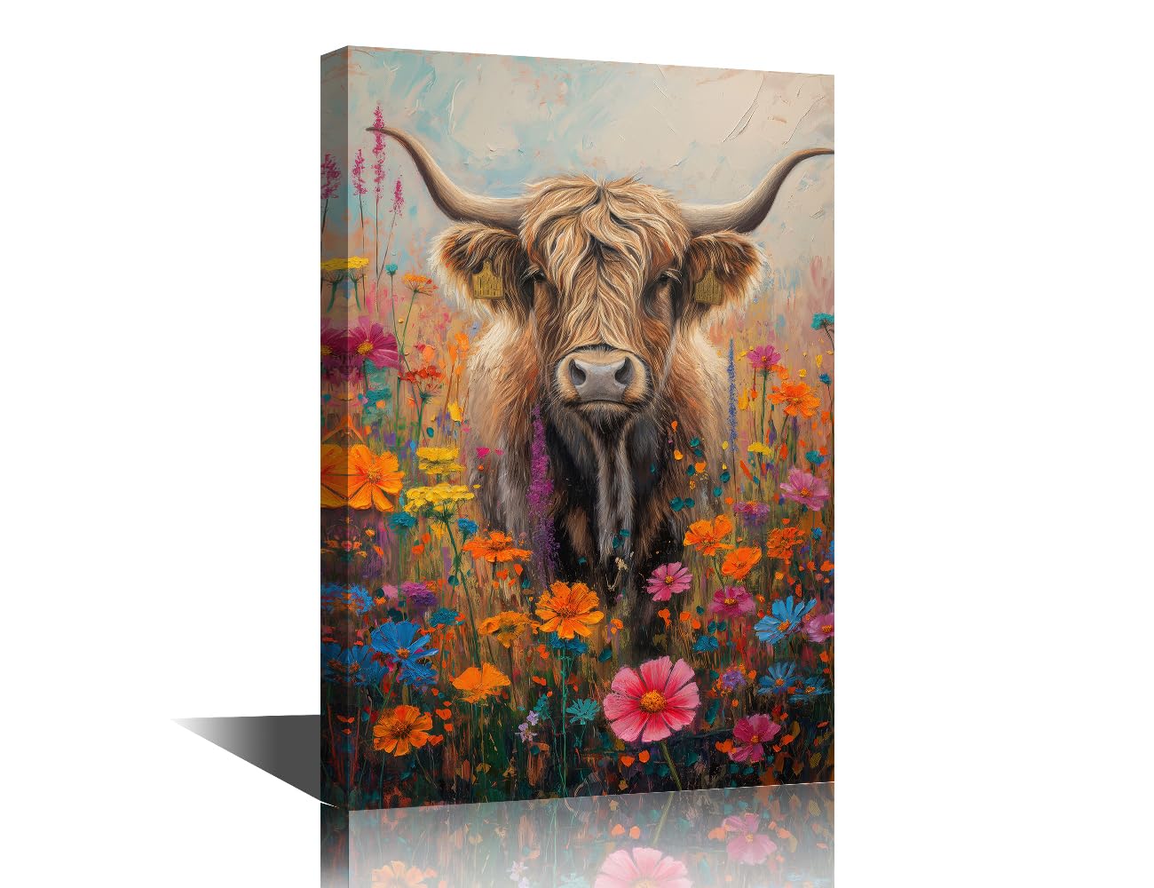 Toile murale fleurs et vache 45x30 cm tableau cadre bois nature - 6