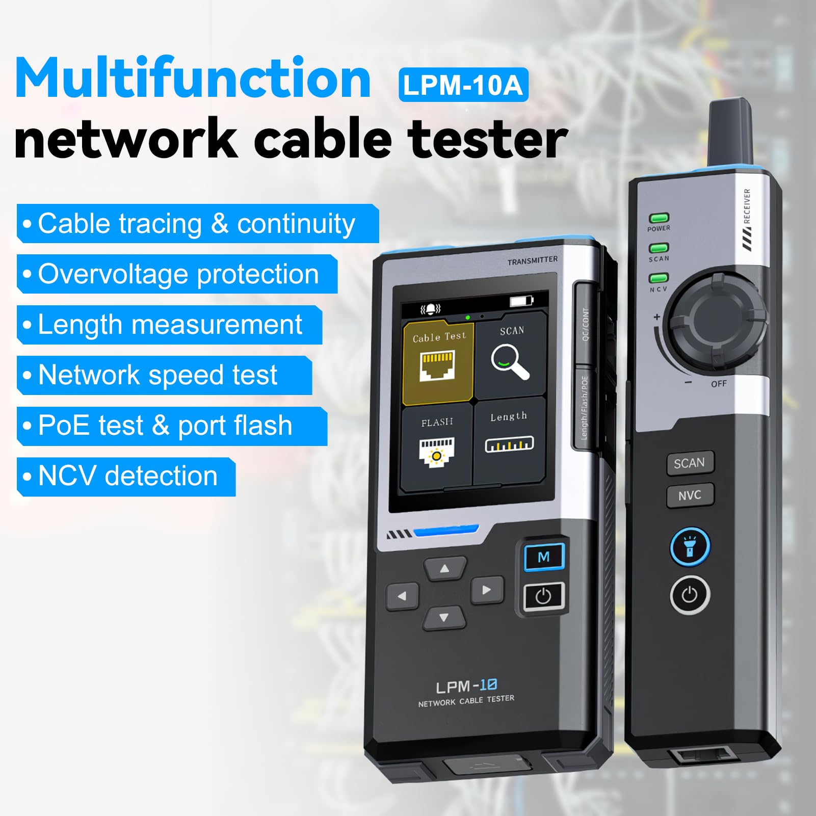 Tester Cavo Rete RJ45 POE Lan Tester di Rete Senza Interferenze, LPM-10 Network Cable Tester, Tester di Cavo Ethernet per crimpare test velocità cavo porta flashing senza contatto rilevamento NCV