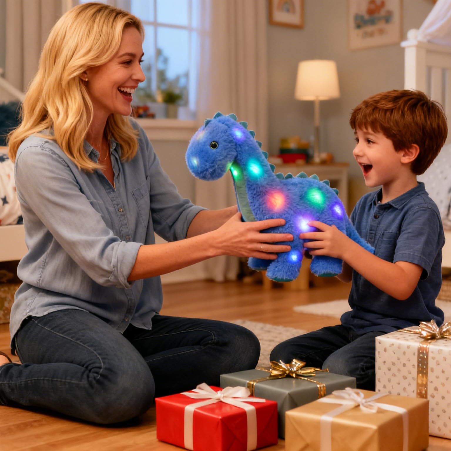 Hopearl Luce di dinosauro farcito musicale a LED sul canto Diplodocus morbido peluche con collo lungo volume regolabile regali animati per bambini piccoli, blu, 40,6 cm